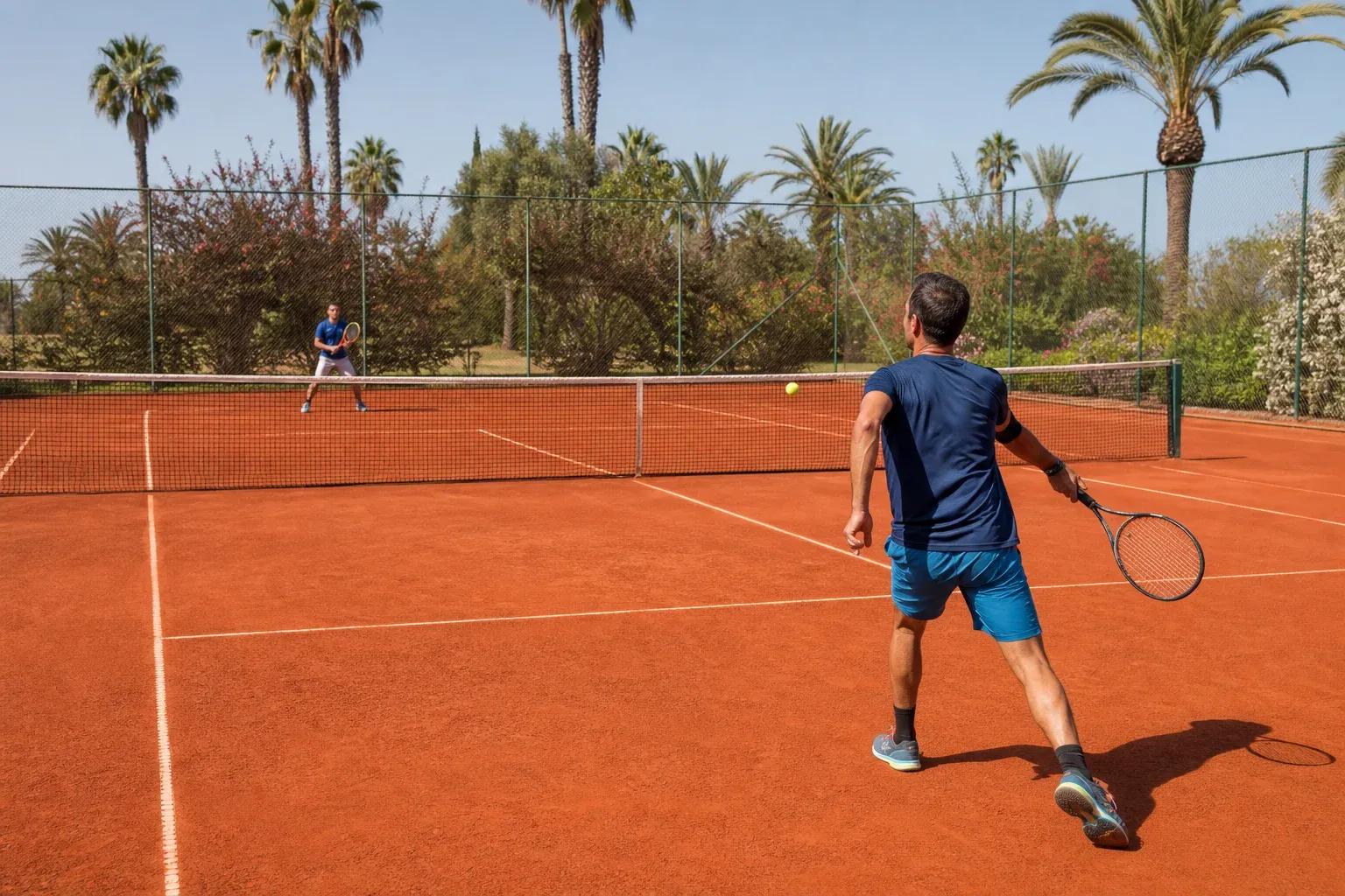 Location de terrain de tennis à Agadir : deux adultes jouent librement sur un court en terre battue entouré de palmiers