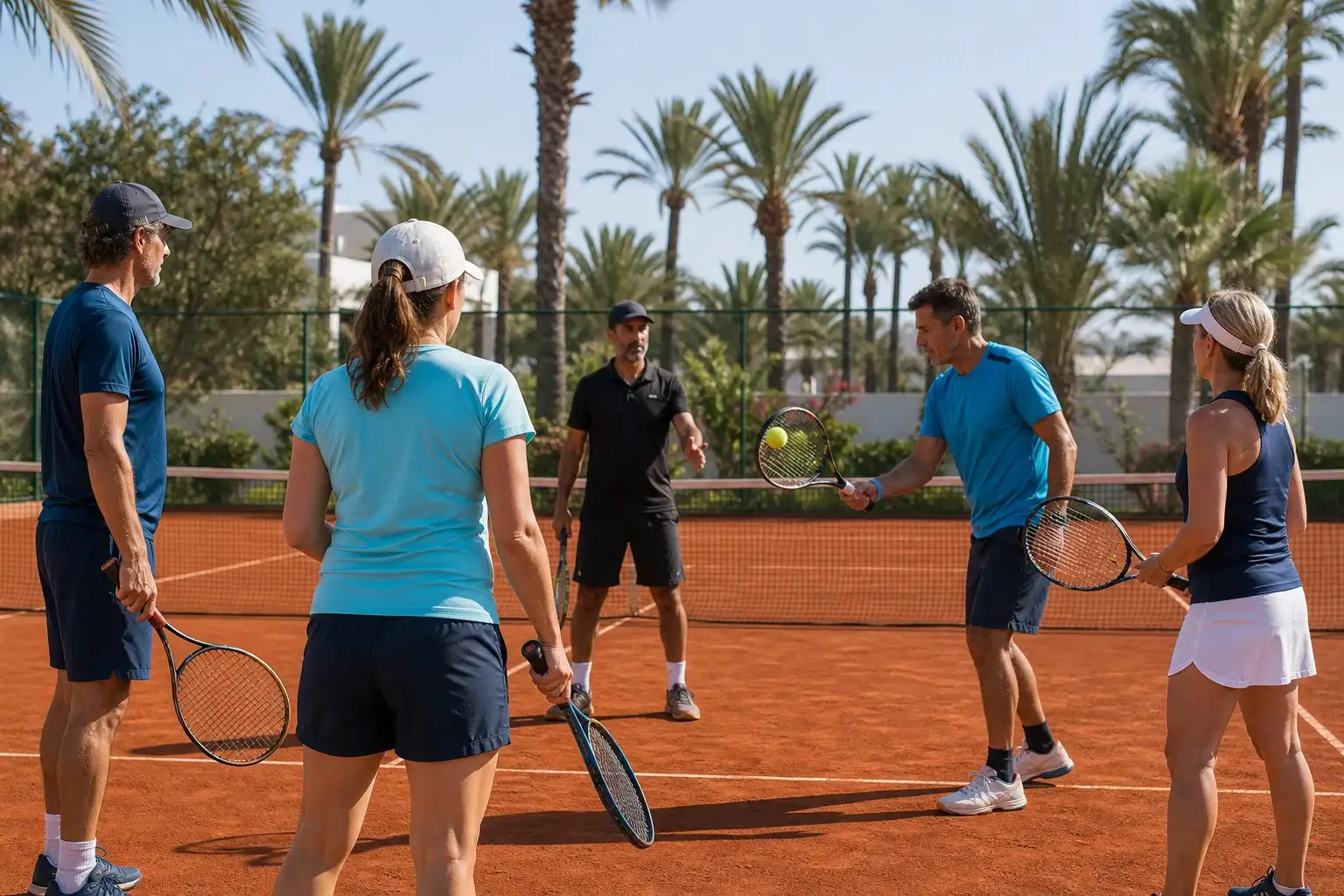 Stage tennis adultes à Agadir : un groupe de joueurs adultes participe à un exercice encadré sur terre battue