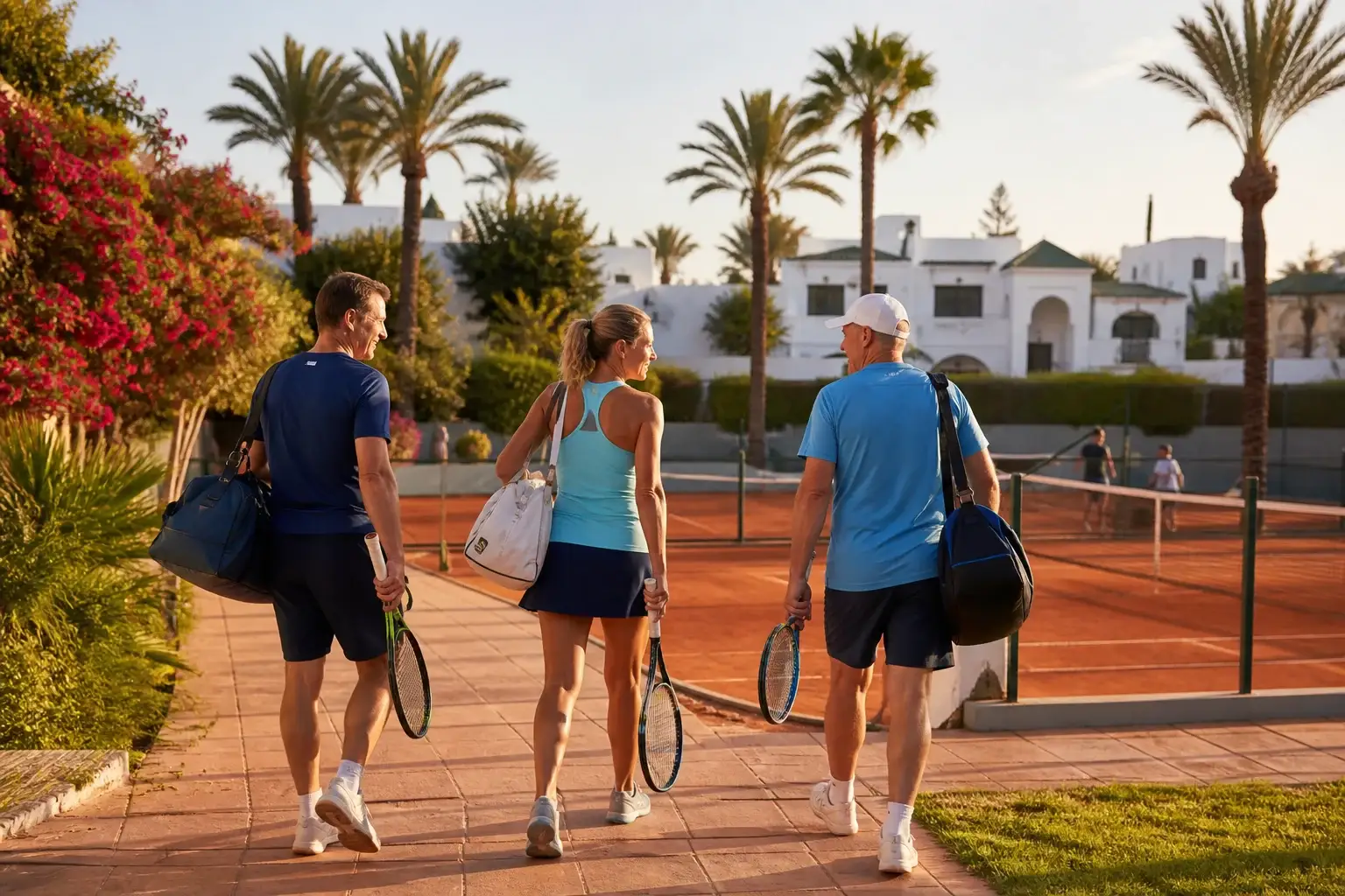 Séjour tennis à Agadir : trois adultes arrivent au club avec leurs raquettes et leurs sacs de voyage